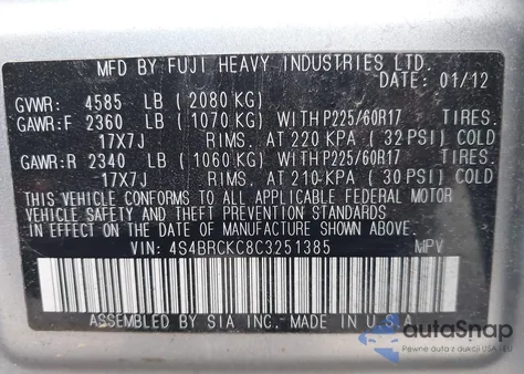 2012 Subaru Outback 2.5I Limited from USA, damaged, VIN 4S4BRCKC8C3251385